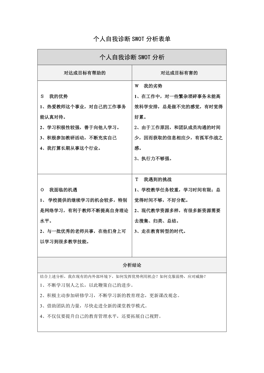 个人自我诊断SWOT分析表(陈秀华).doc_第1页