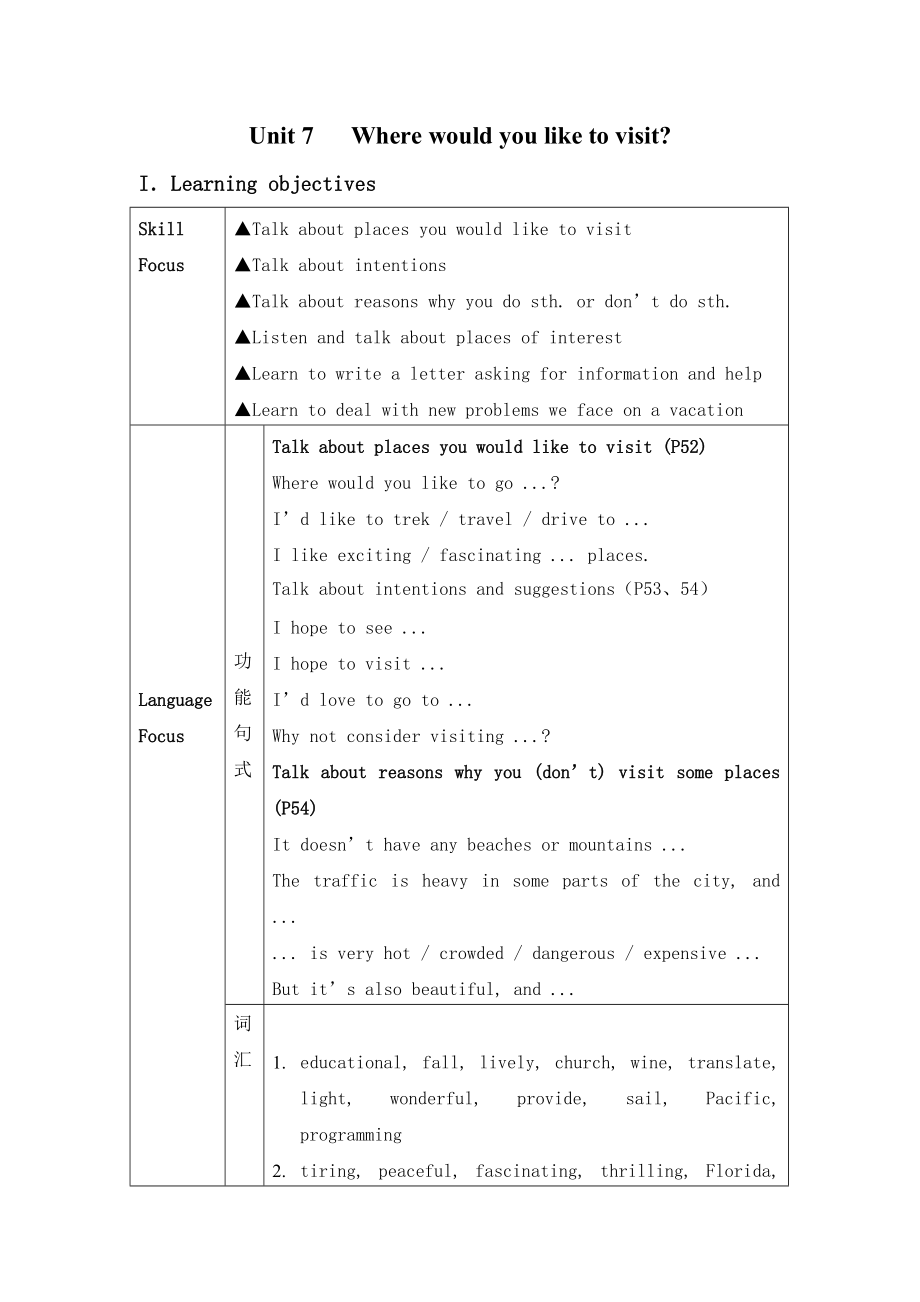 新目标九年级Unit 7 Where would you like to visit教案.doc_第1页