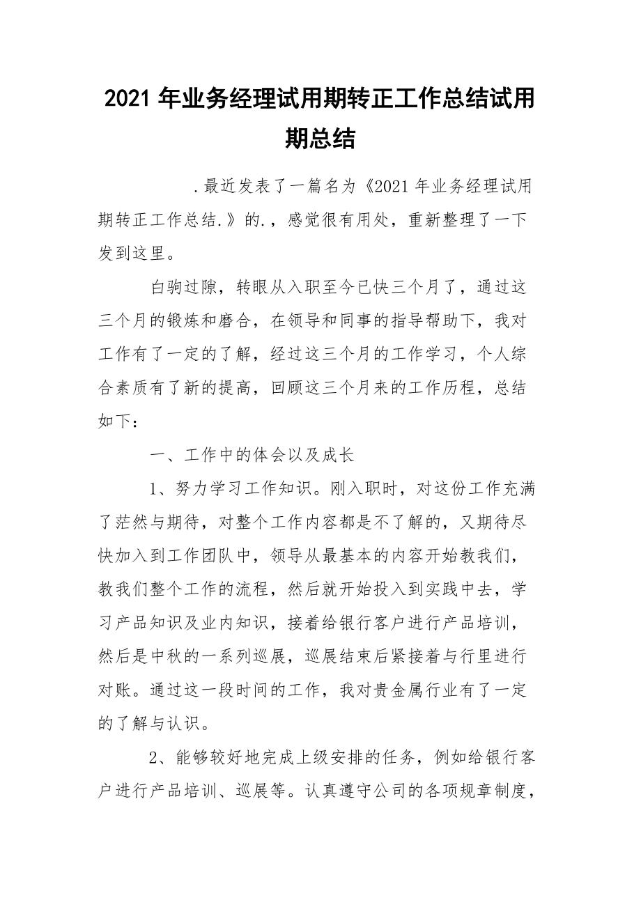 2021年业务经理试用期转正工作总结试.docx_第1页