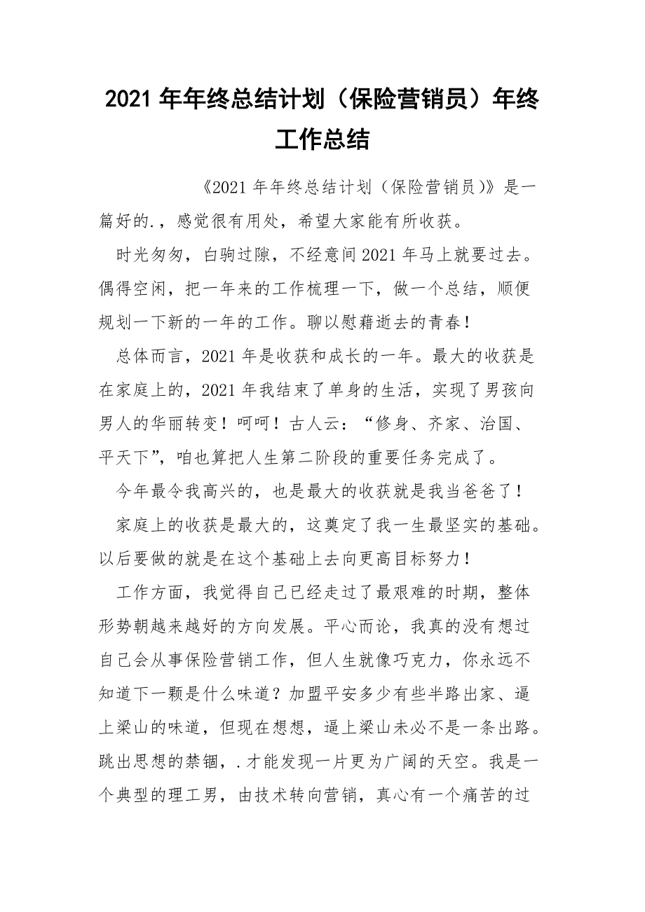 2021年年终总结计划（保险营销员）年终.docx_第1页