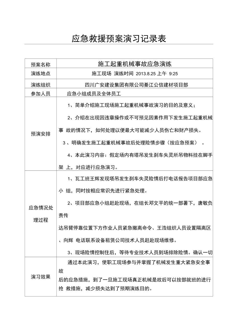 施工起重机械事故应急救援预案演练记录.doc_第1页