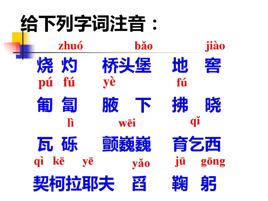 给下列字词注音烧灼桥头堡地窖匍匐腋下拂晓瓦砾-精选文档.docx_第2页