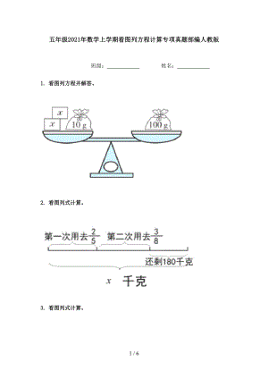 五年级2021年数学上学期看图列方程计算专项真题部编人教版.doc