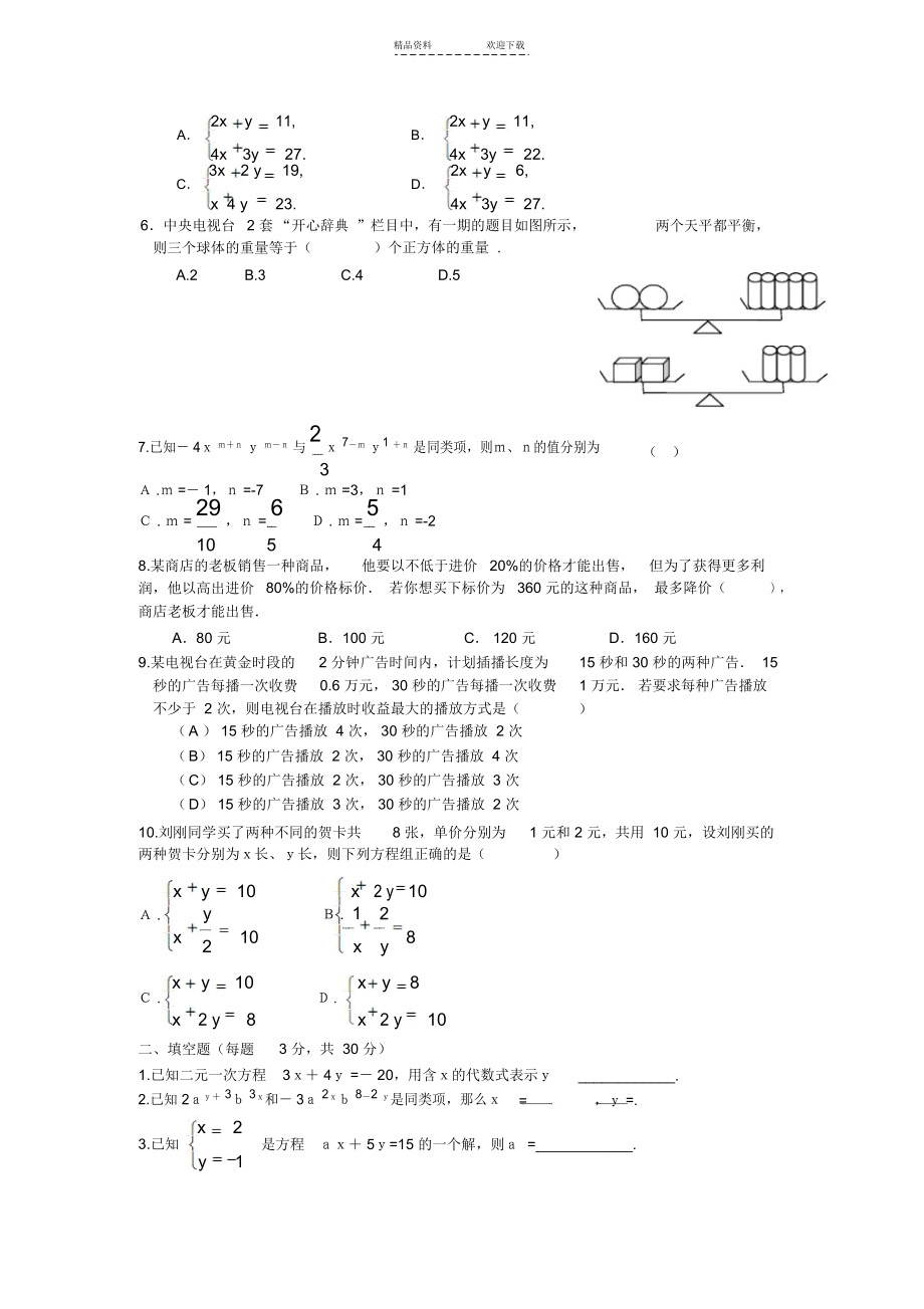 《一元一次方程组与方程组》水平测试.docx_第2页