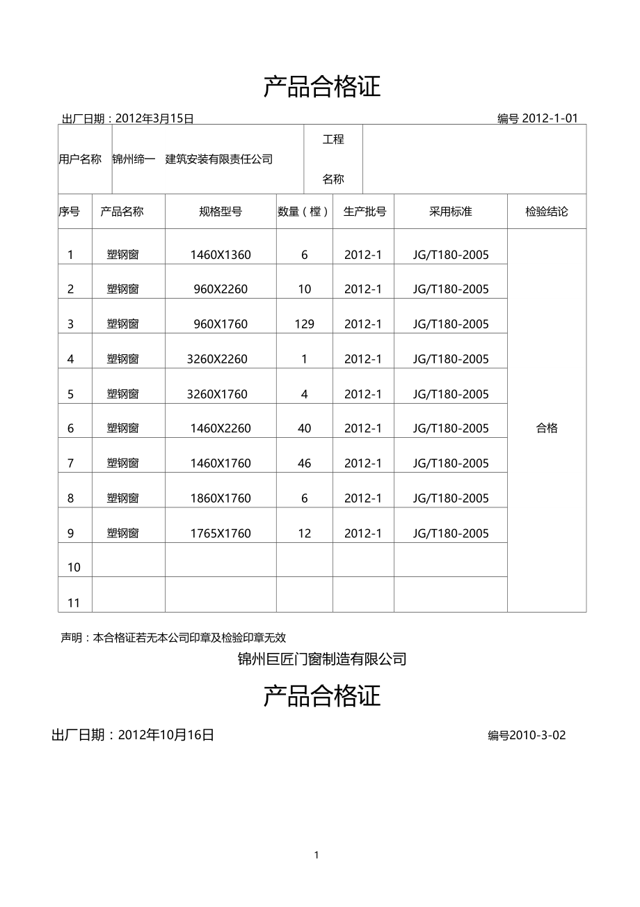 塑钢窗产品合格证1.docx_第1页