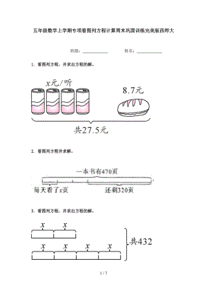 五年级数学上学期专项看图列方程计算周末巩固训练完美版西师大.doc