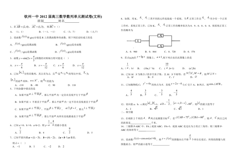 [高三数学]钦州一中2012届高三数学数列单元测试卷.docx_第1页