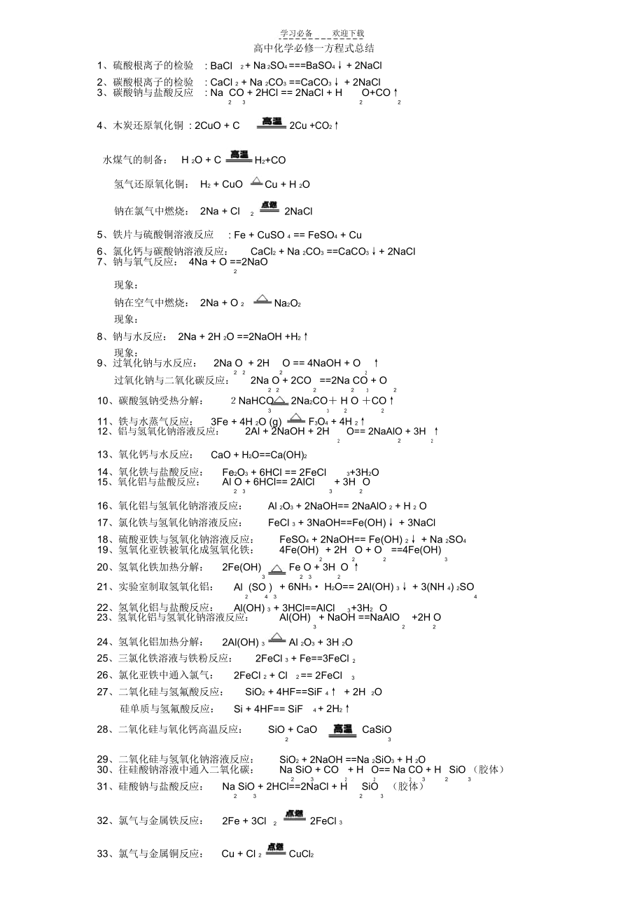 高中化学必修一反应方程式.docx_第1页