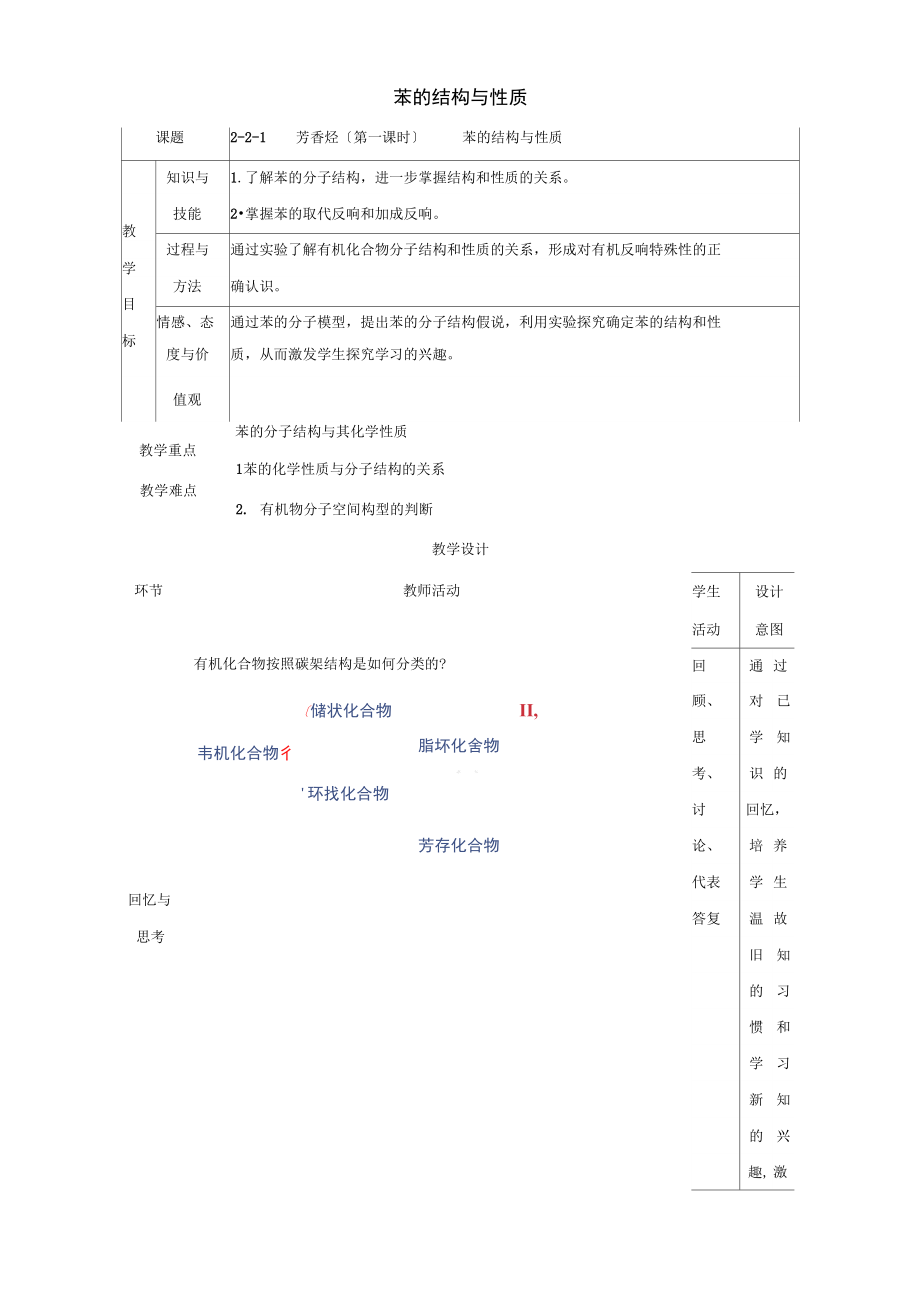 北京市2021-2021学年高二化学2.2.1芳香烃(苯的结构与性质)教学设计.docx_第1页