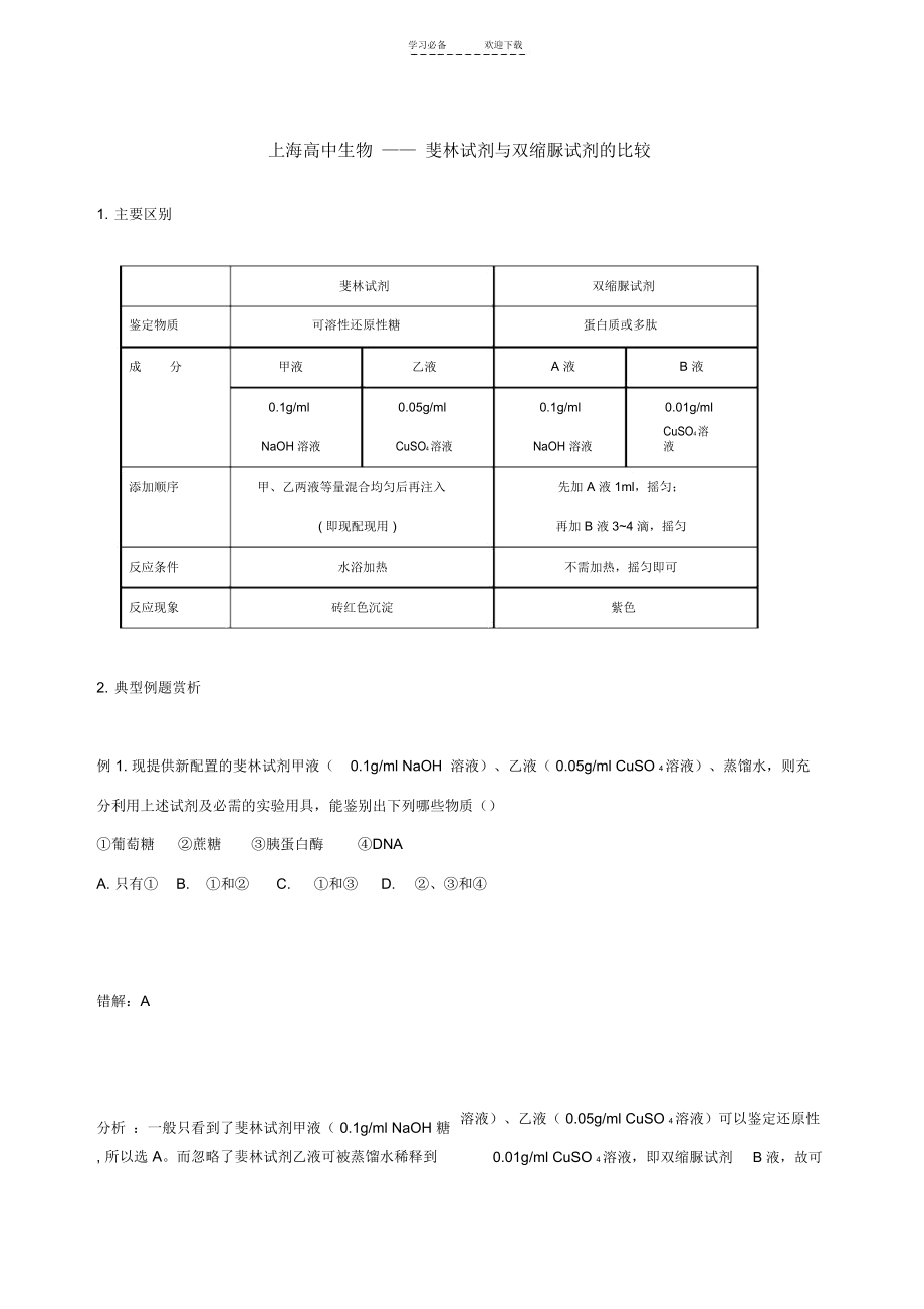 上海高中生物斐林试剂与双缩脲试剂的比较_1297.docx_第1页