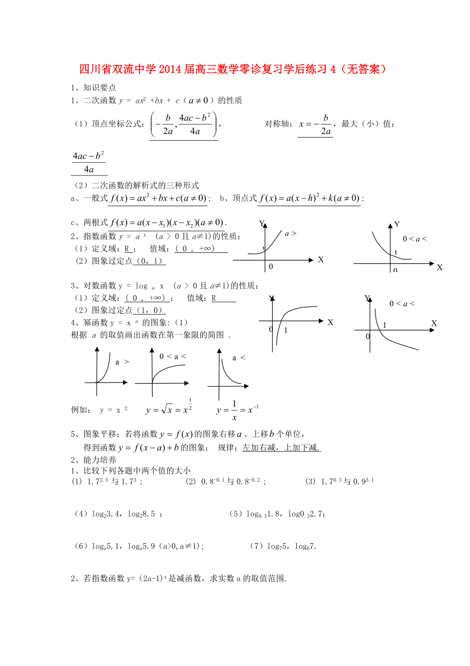 四川省双流中学2014届高三数学零诊复习学后练习4（无答案）.doc_第1页