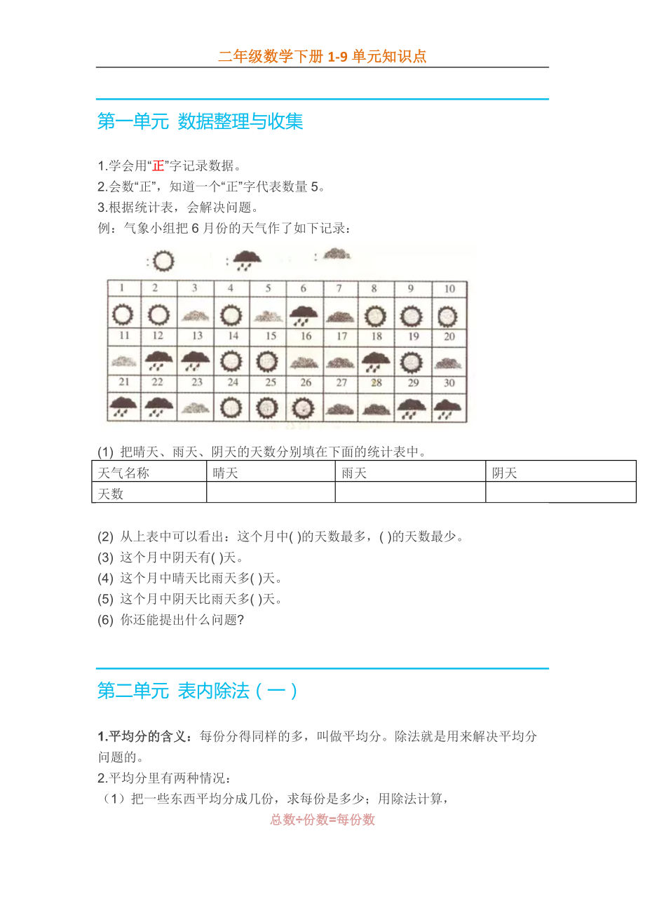 二年级数学人教版下册1-9单元知识点.doc_第1页