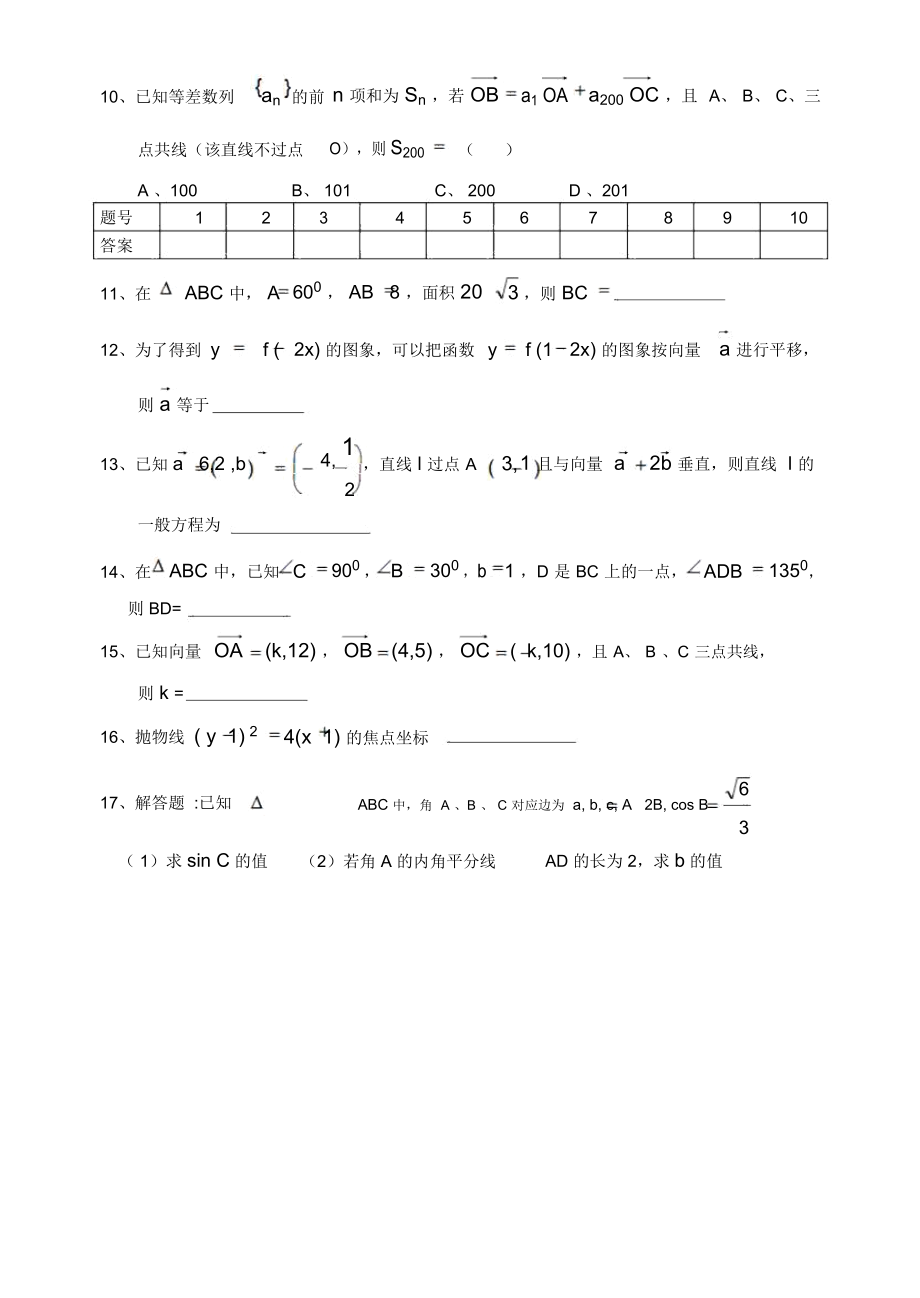 高三理科数学测验(三角函数和平面向量).docx_第2页