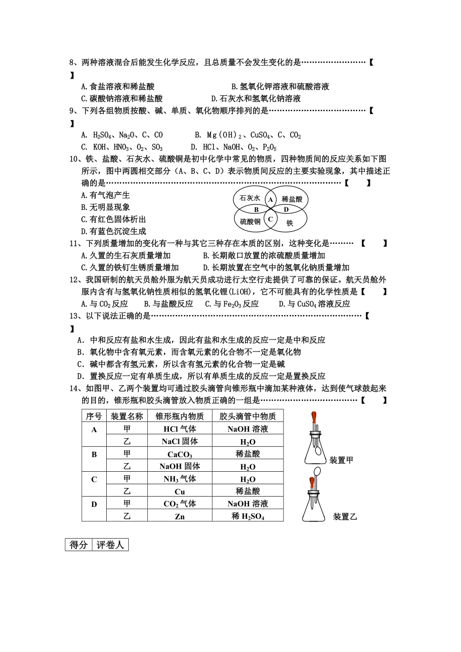 初三化学第10单元试卷（试题内容：酸和碱）.doc_第2页