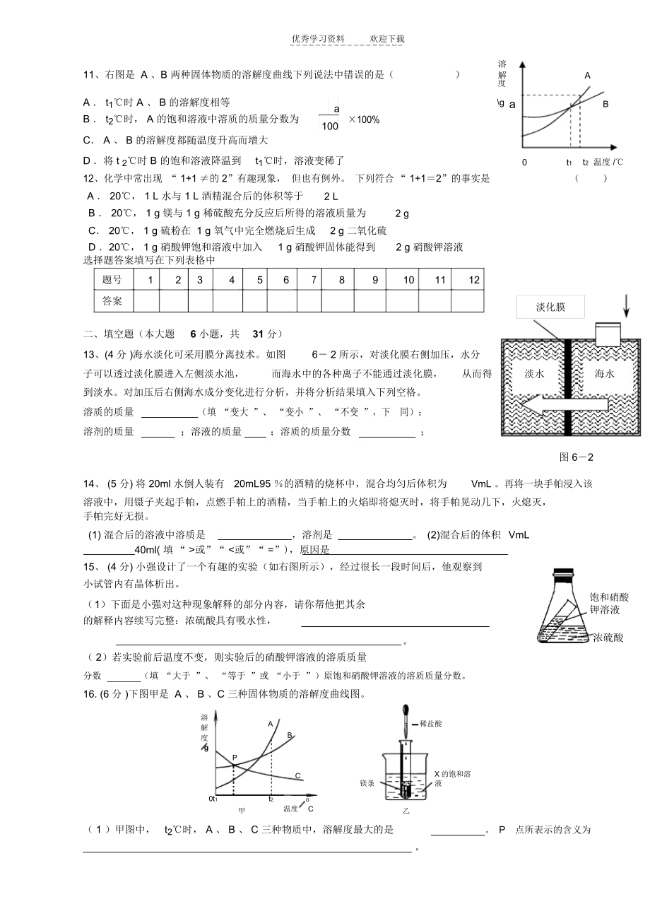 人教版九年级化学下册第九单元溶液检测题(含答案).docx_第2页