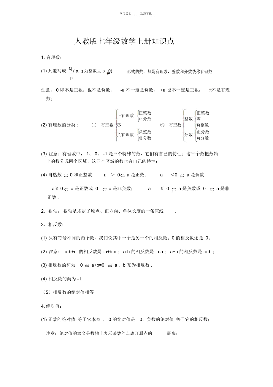 人教版七年级数学上册学生重点、难点必学常识.docx_第1页