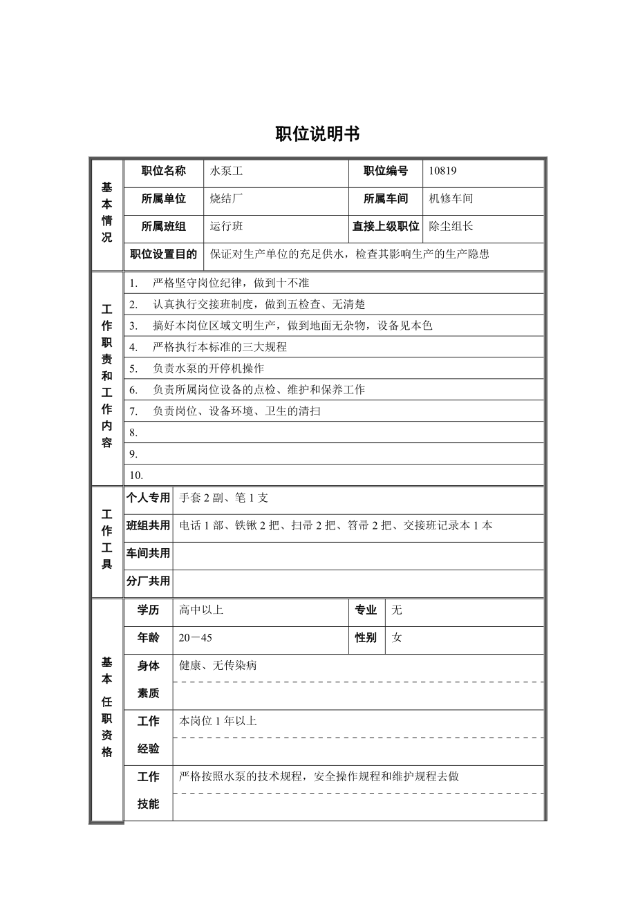 烧结厂机修车间运行班水泵工职位说明书.docx_第1页