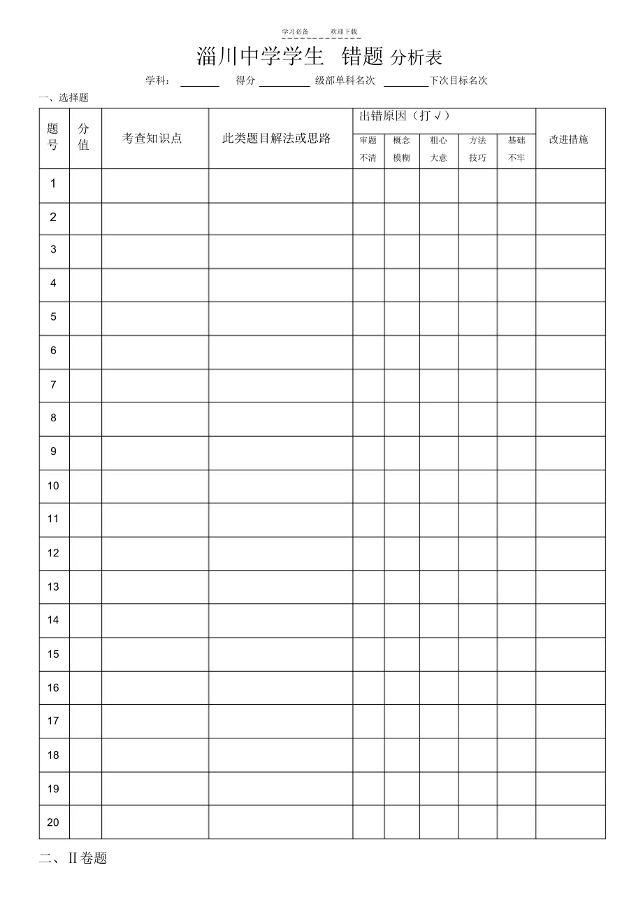 高中考试学生试卷分析表(学生用).docx_第1页