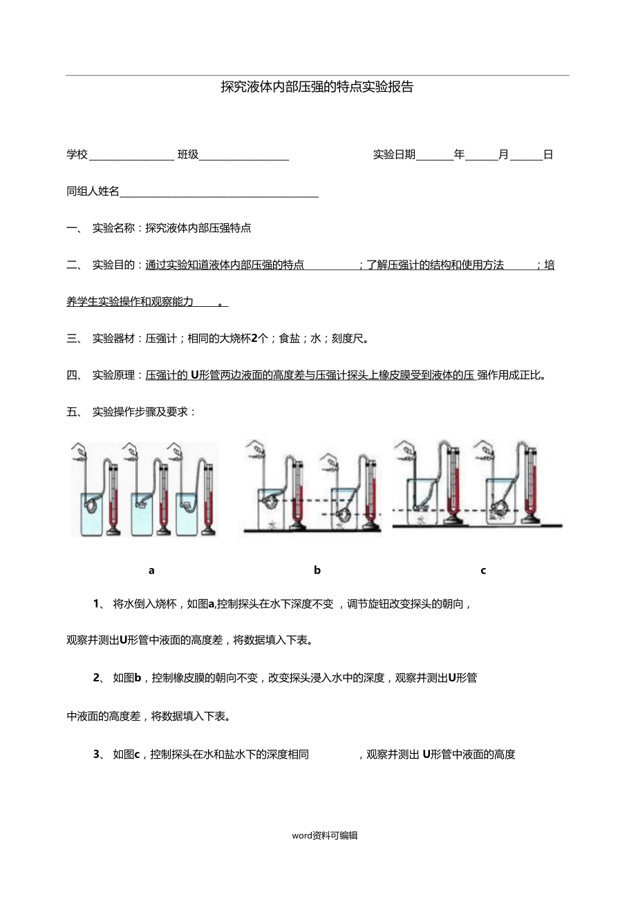 探究液体内部压强的特点试验报告.docx_第1页