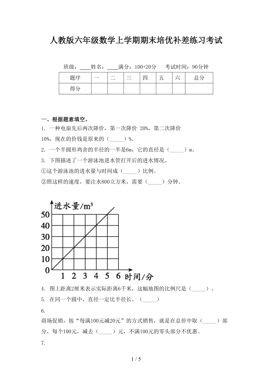 人教版六年级数学上学期期末培优补差练习考试.doc_第1页