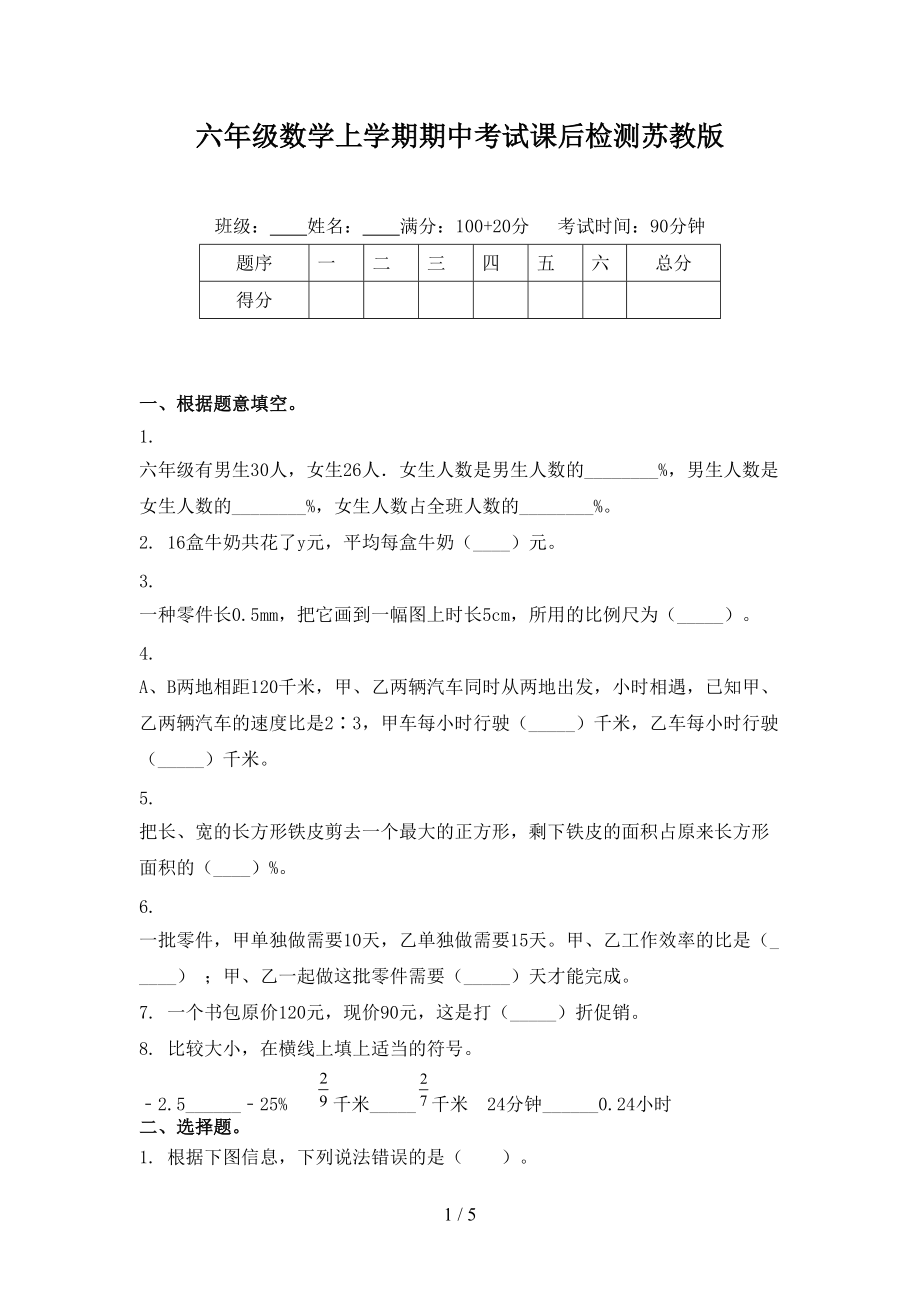 六年级数学上学期期中考试课后检测苏教版.doc_第1页