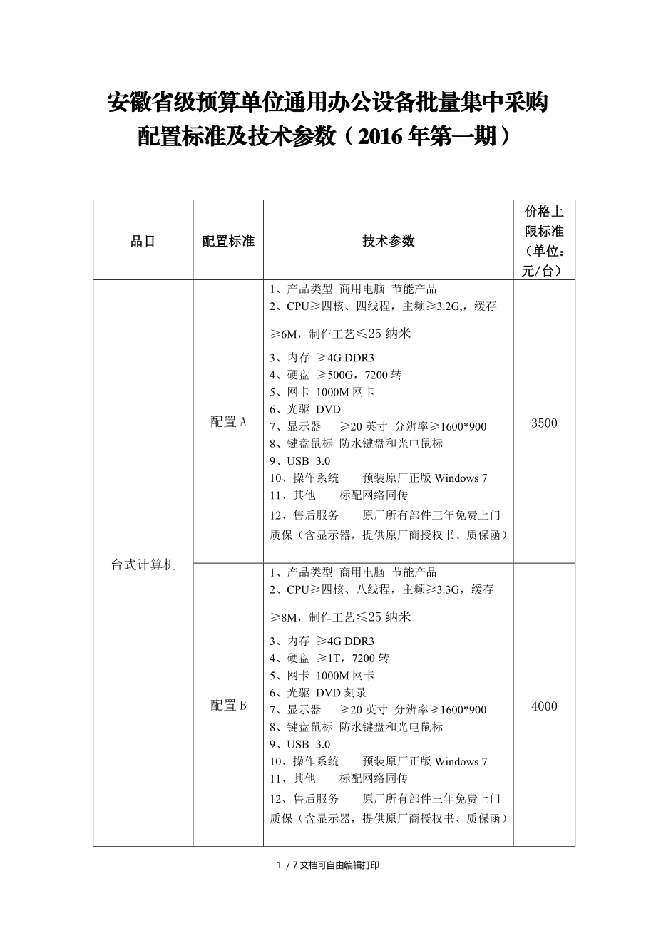 安徽省级预算单位通用办公设备批量集中采购配置标准及技术.doc_第1页