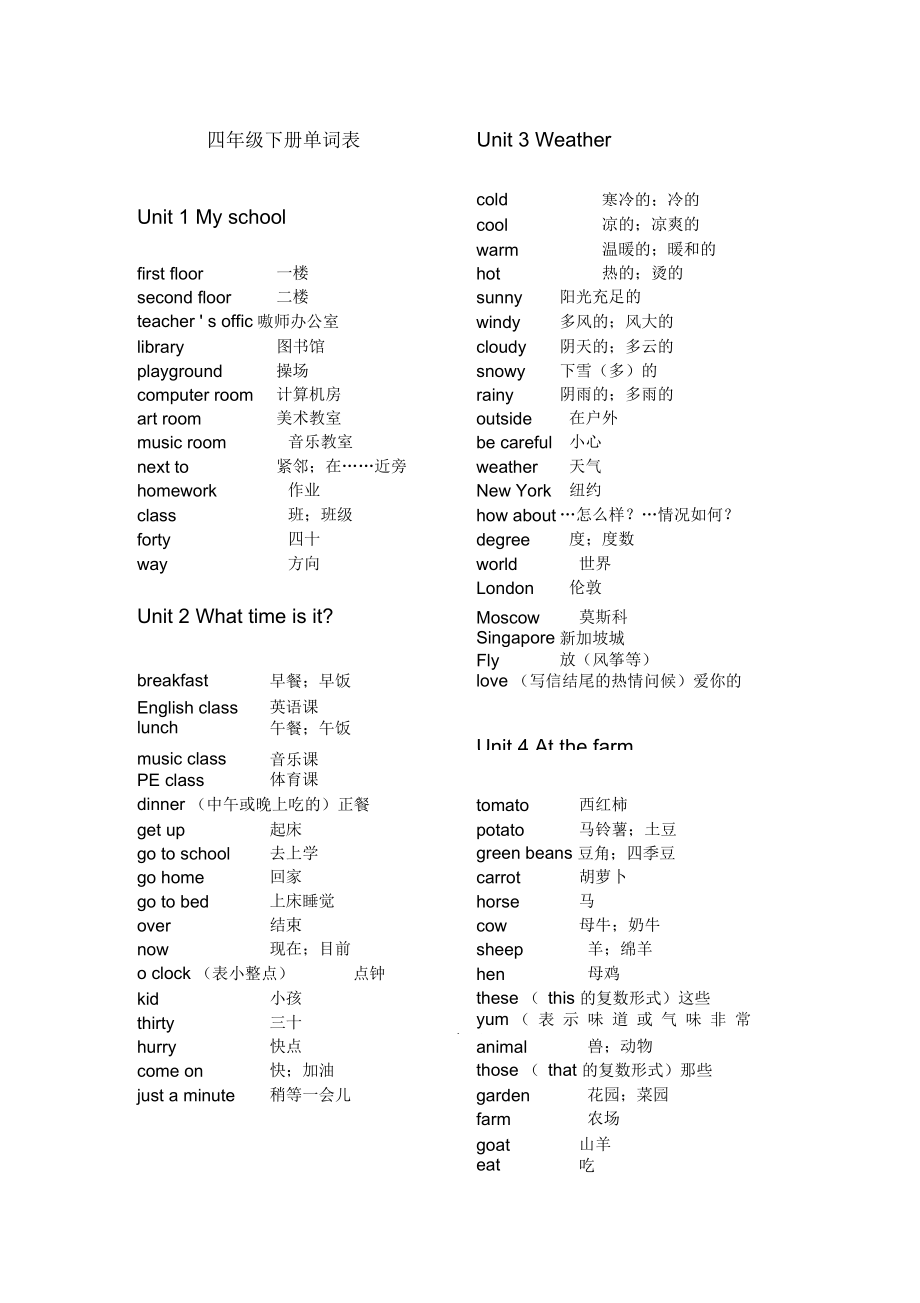 PEP新版小学四年级下册单词表(三).docx_第1页