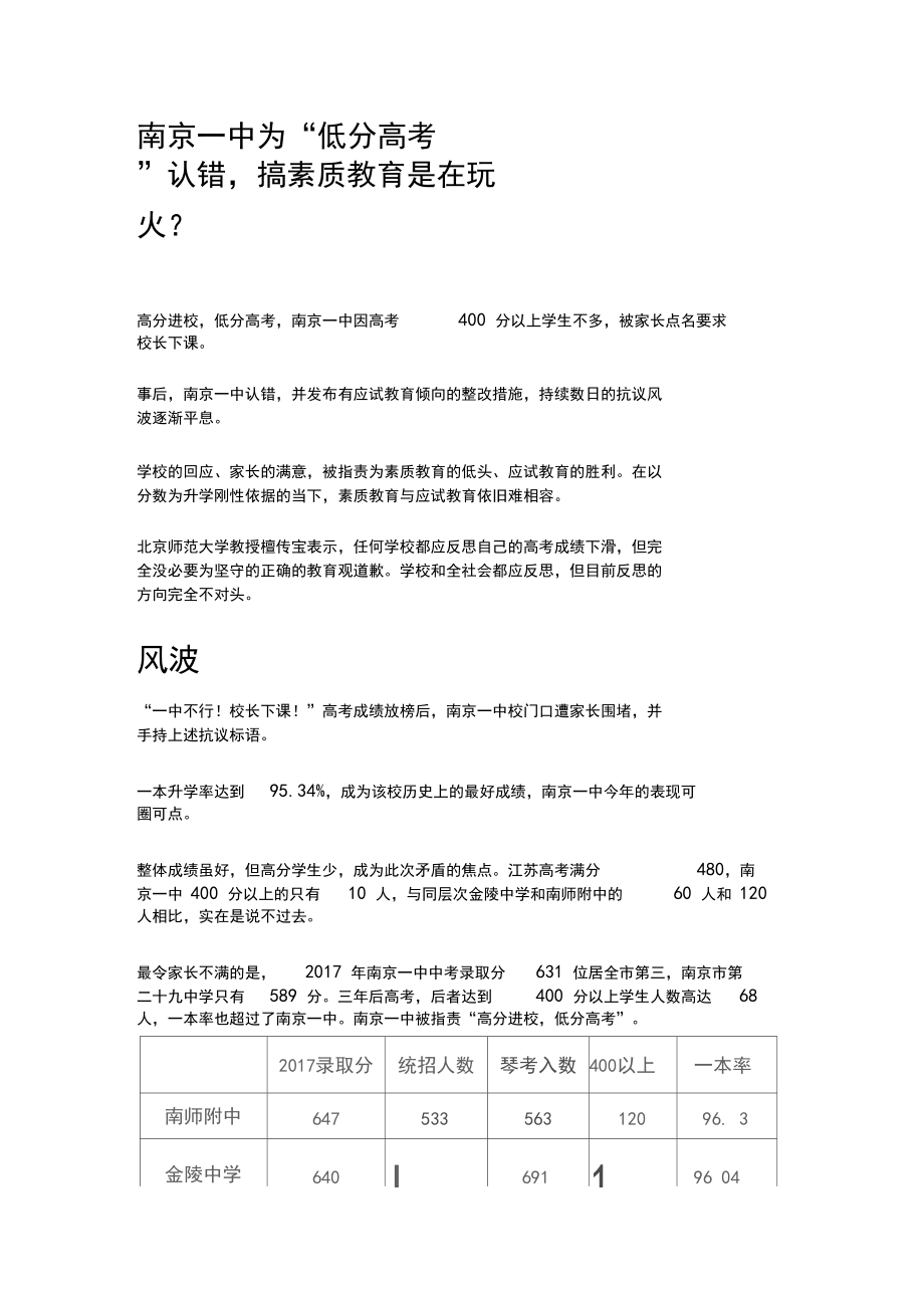 南京一中为“低分高考”认错,搞素质教育是在玩火？.docx_第1页