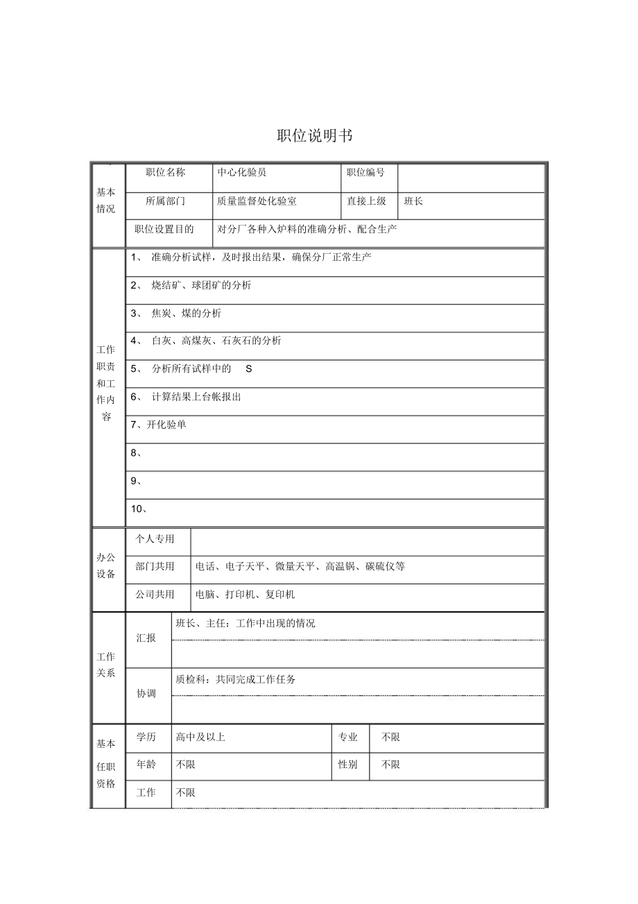 中心化验员职位说明书.doc_第1页