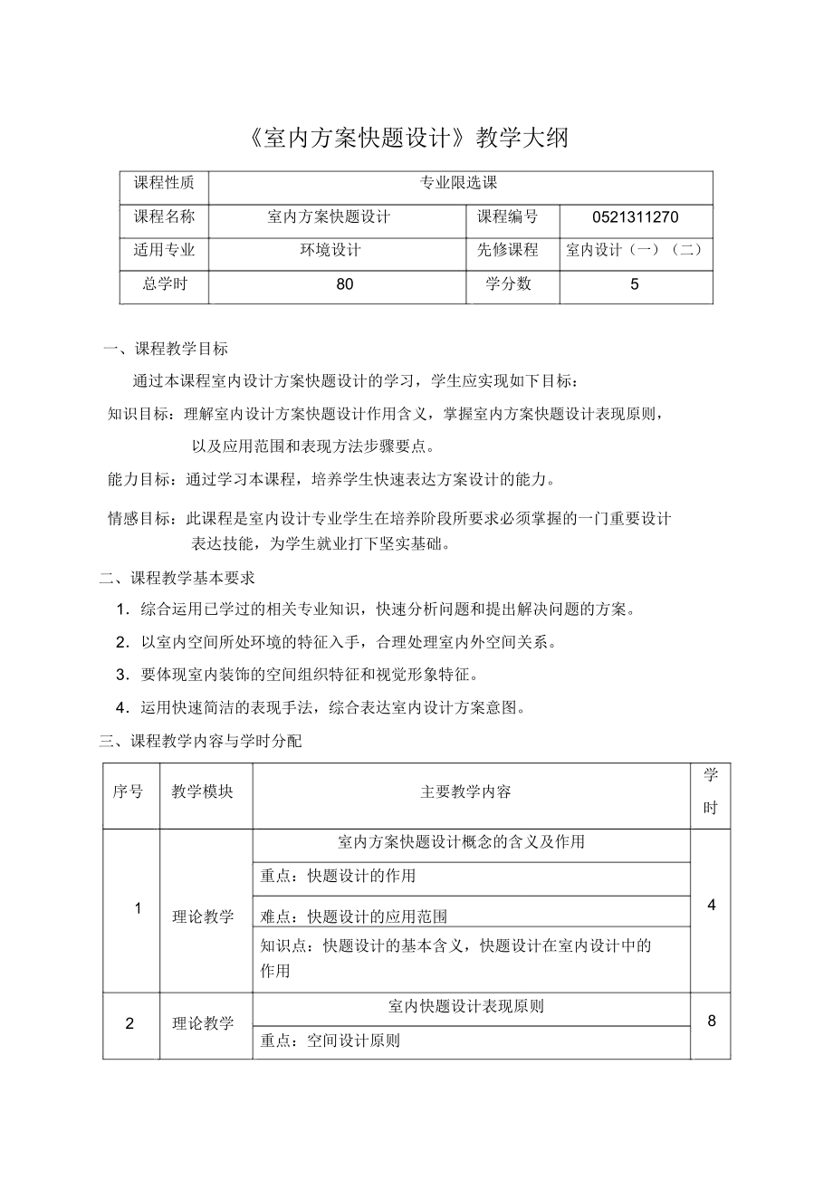 环境设计《室内方案快题设计》教学大纲.doc_第1页