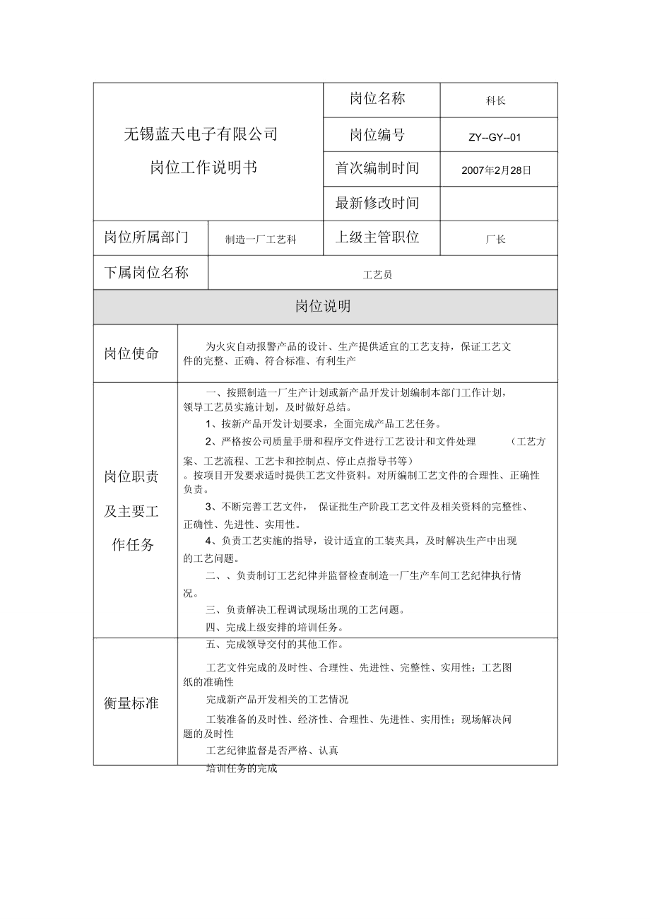 制造一厂工艺科岗位说明书.doc_第1页