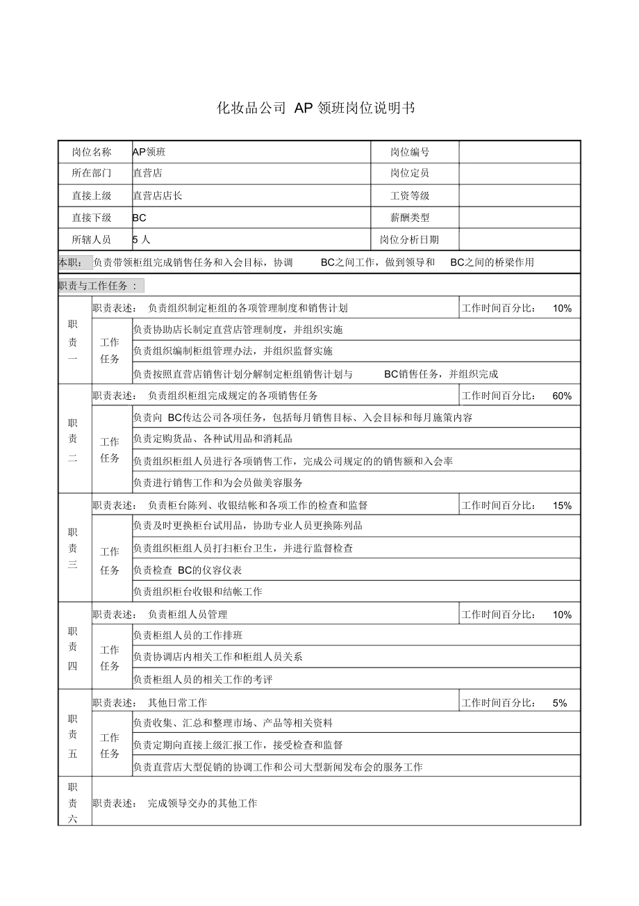 化妆品公司ap领班岗位说明书..doc_第1页