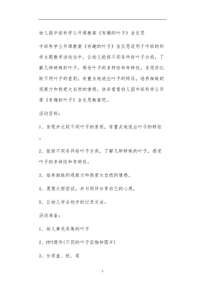 2021年公立普惠性幼儿园通用幼教教师课程教学指南中班科学公开课教案《有趣的叶子》含反思.doc