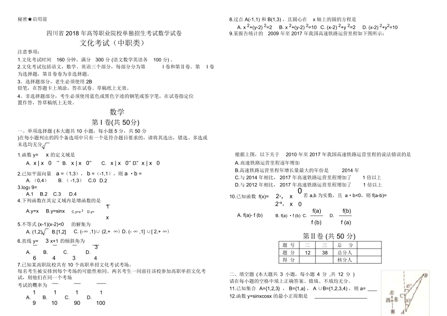 四川省2018年高等职业院校单独招生考试数学试卷及答案(中职类).doc_第1页