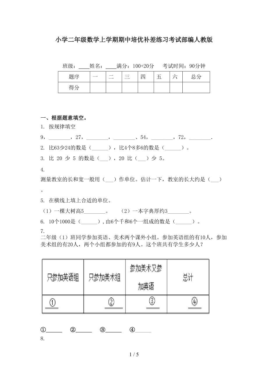 小学二年级数学上学期期中培优补差练习考试部编人教版.doc_第1页