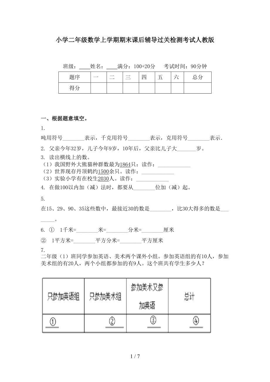 小学二年级数学上学期期末课后辅导过关检测考试人教版.doc_第1页