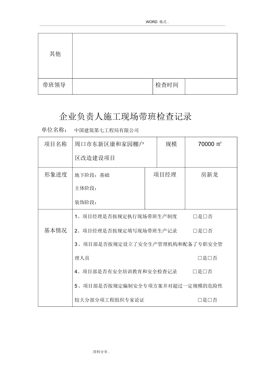 企业负责人施工现场带班检查记录文本.docx_第2页