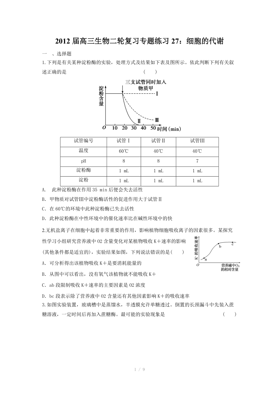 2012届高三生物二轮复习专题练习27：细胞的代谢.doc_第1页