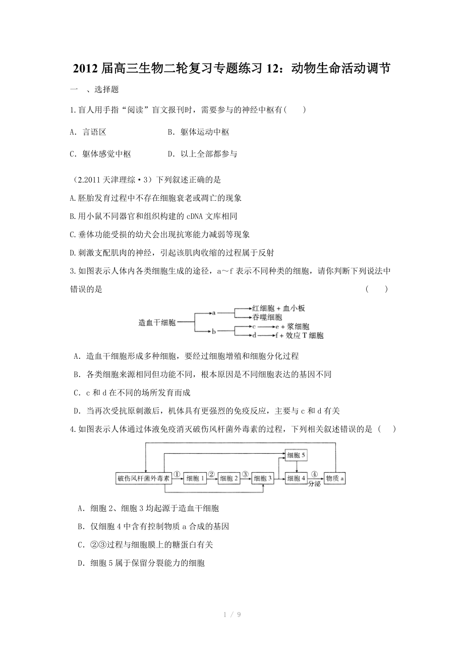 2012届高三生物二轮复习专题练习12：动物生命活动调节.doc_第1页