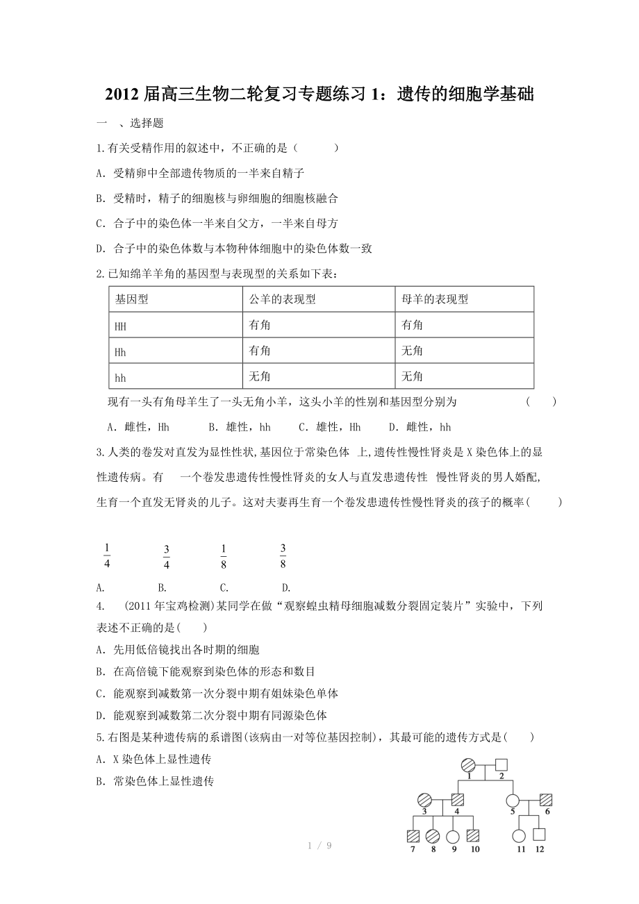 2012届高三生物二轮复习专题练习1：遗传的细胞学基础.doc_第1页