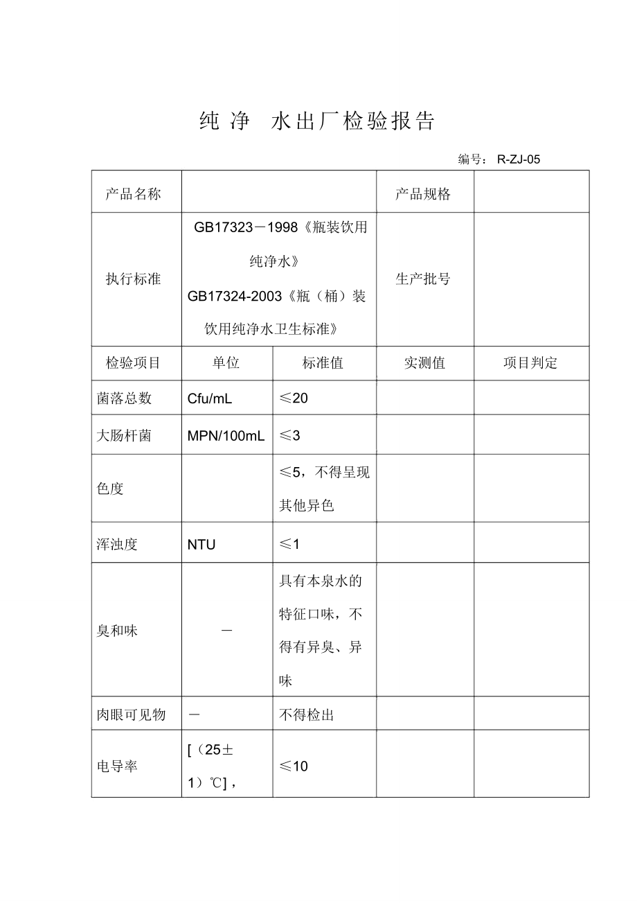 纯净水出厂检验报告书表格模板格式.doc_第1页