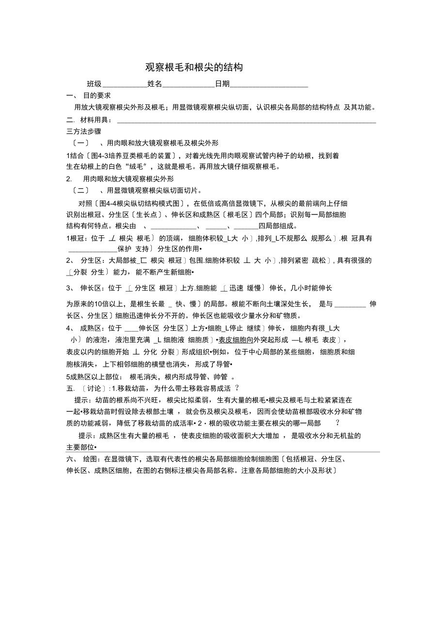 观察根毛和根尖的结构实验报告单.docx_第1页