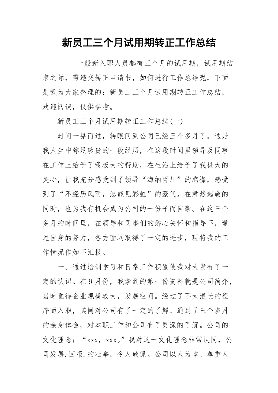 2021新员工三个月试用期转正工作总结.docx_第1页