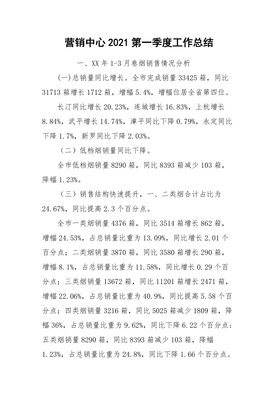 2021营销中心第一季度工作总结.docx_第1页