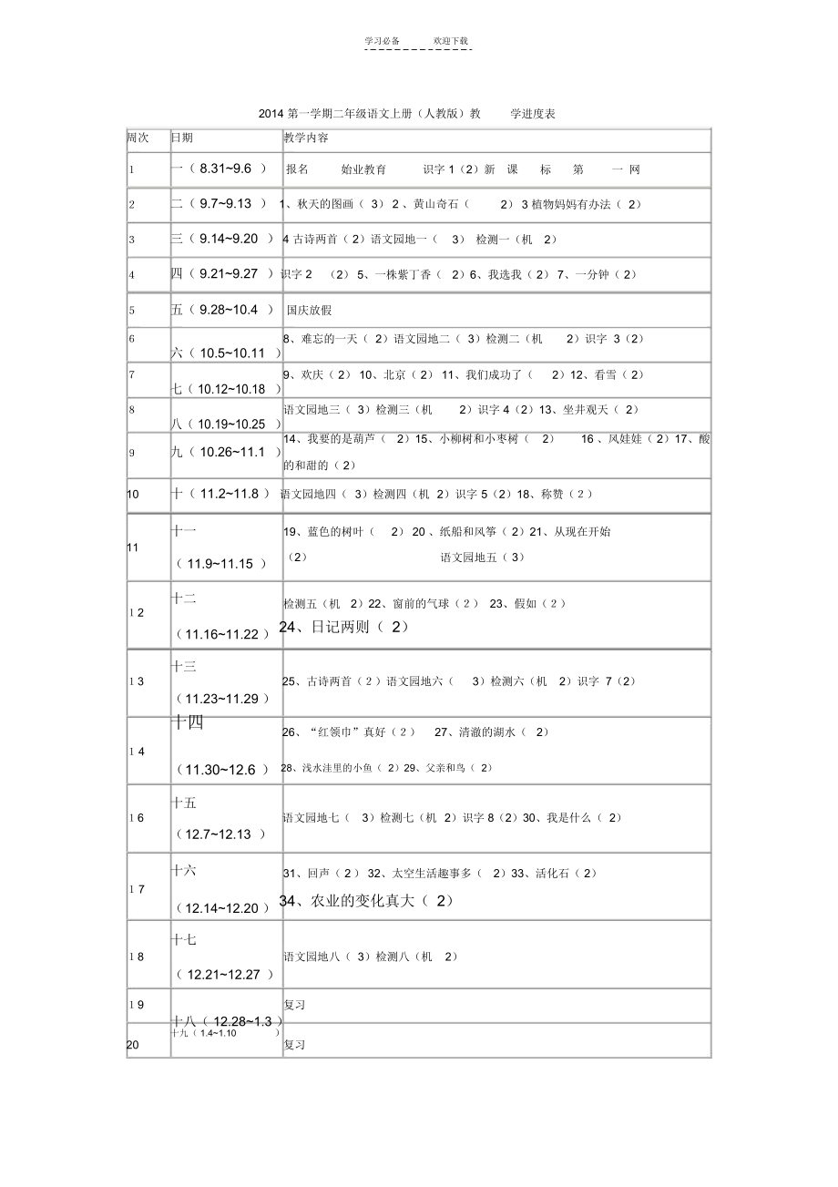 二年级语文上册(人教版)教学进度表.docx_第1页