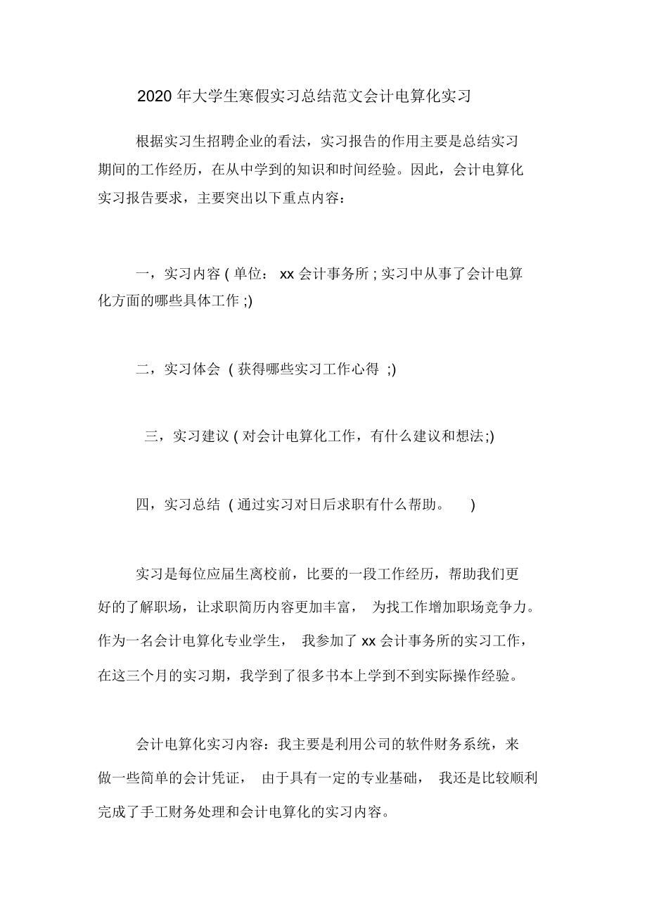 2020年大学生寒假实习总结范文会计电算化实习.docx_第1页