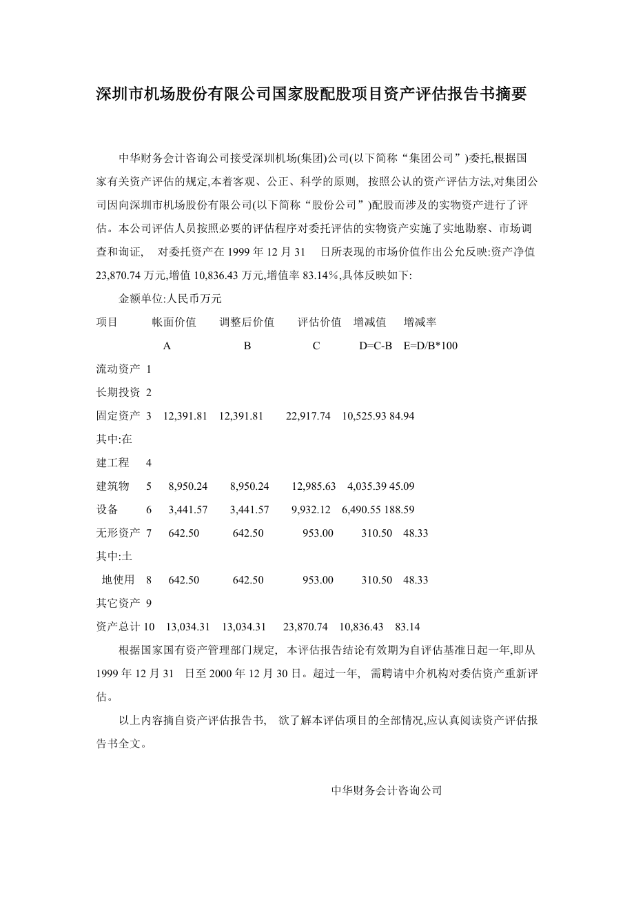 深圳市机场股份有限公司国家股配股项目资产评估报告书摘要.doc_第1页