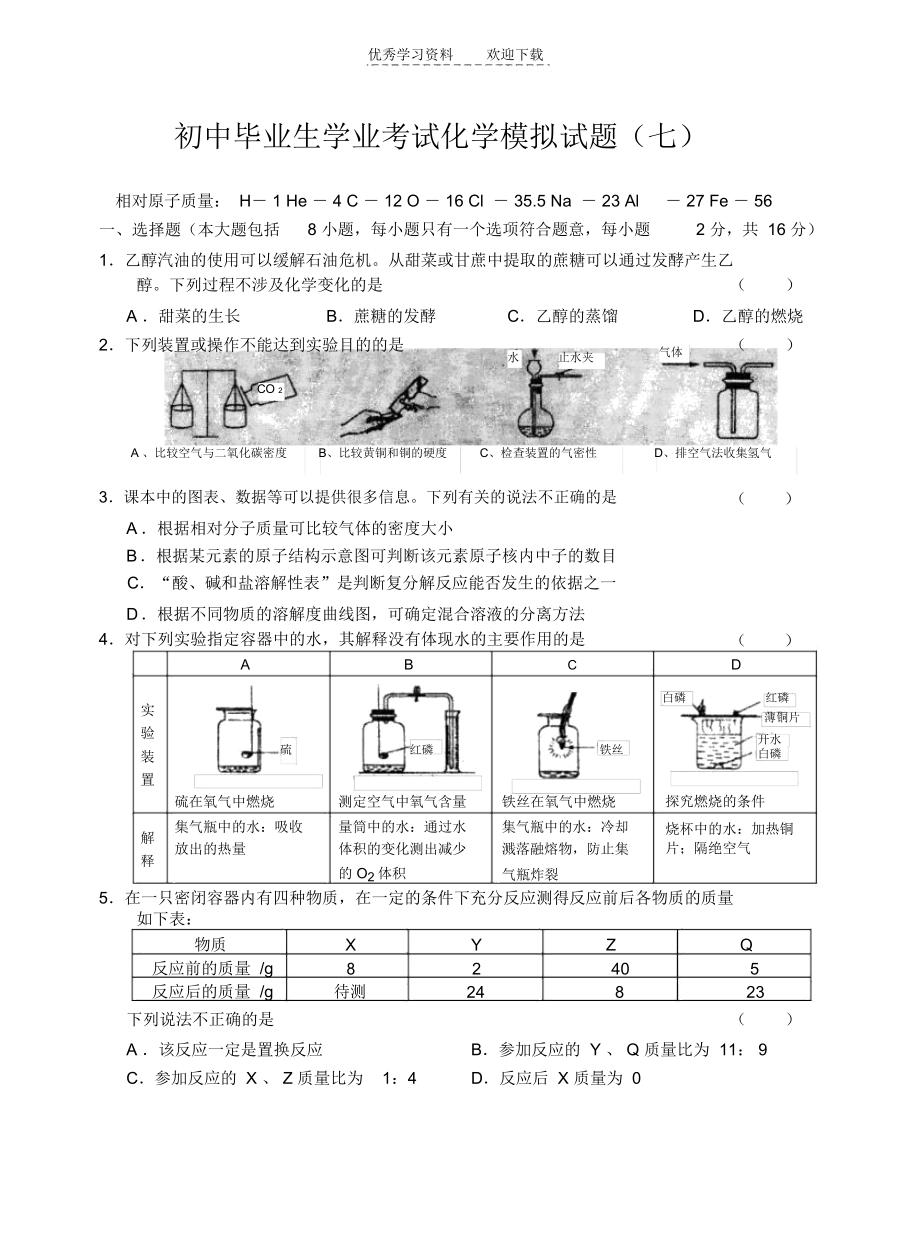 初中毕业生学业考试化学模拟试题(七).docx_第1页