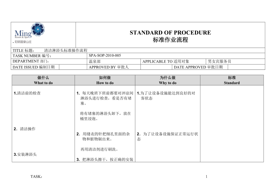 温泉部男女宾SOP 清洁淋浴头标准操作流程.docx_第1页