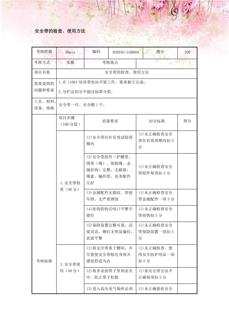 安全带的检查、使用方法专业技能考核.docx_第1页